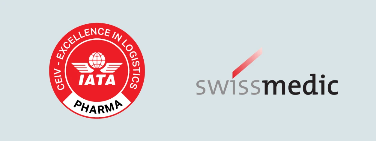 Certification logos (CEIV Pharma, GDP, SWISSmedic)